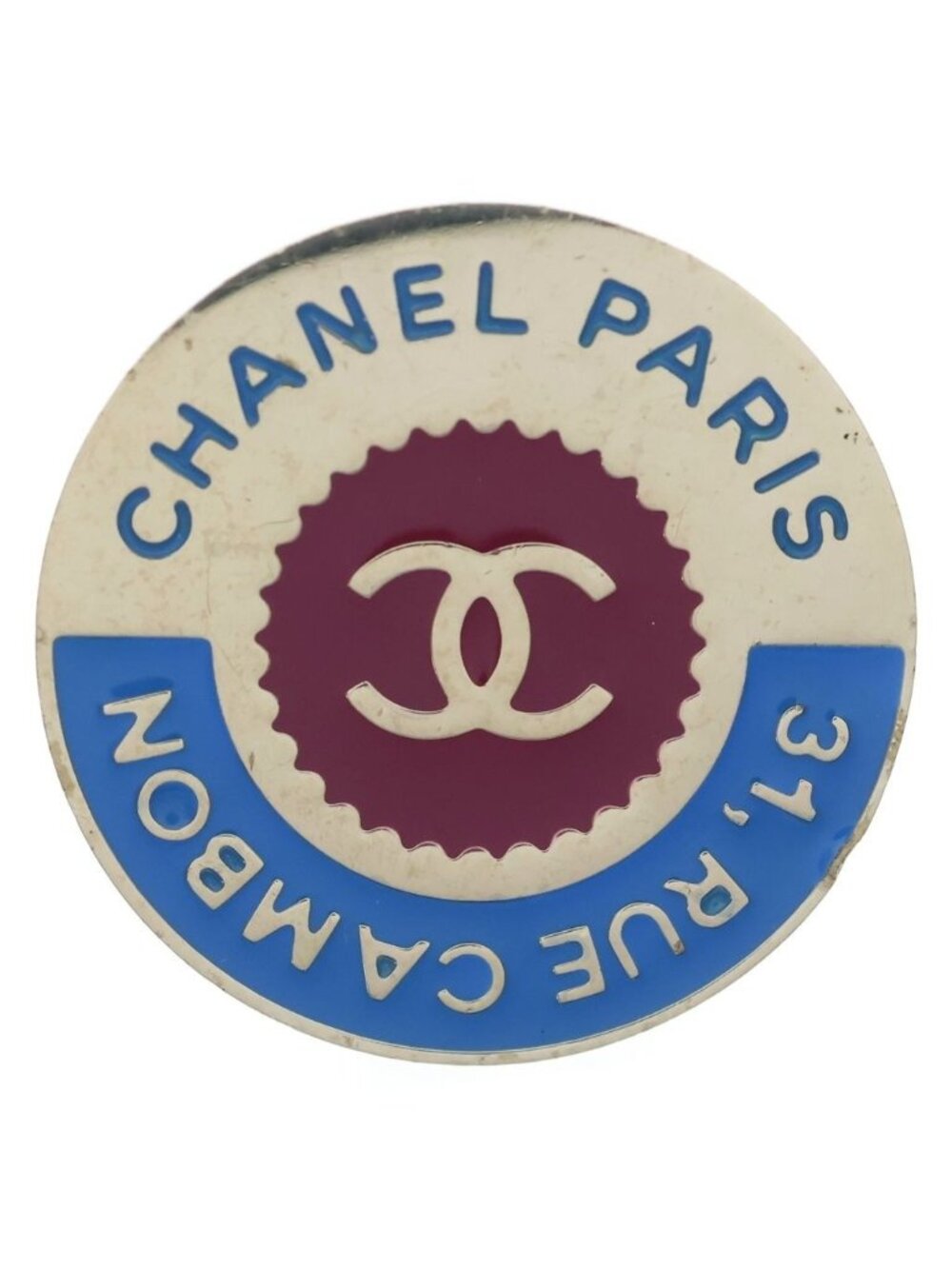 Chanel 31 Rue Cambon Round Pin Brooch Logo CC Blue Red Gold Metal